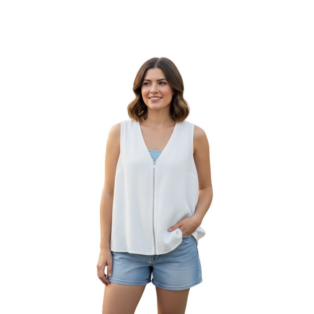 Sleeveless White Zip-Front V-Neck Tank Top